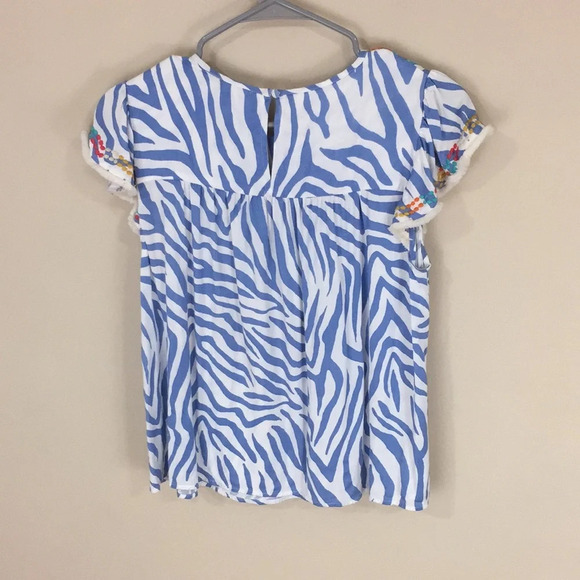 THML Anthropologie Embroidered Animal Print Blue Striped Boho Top Fringe Small - Picture 5 of 11